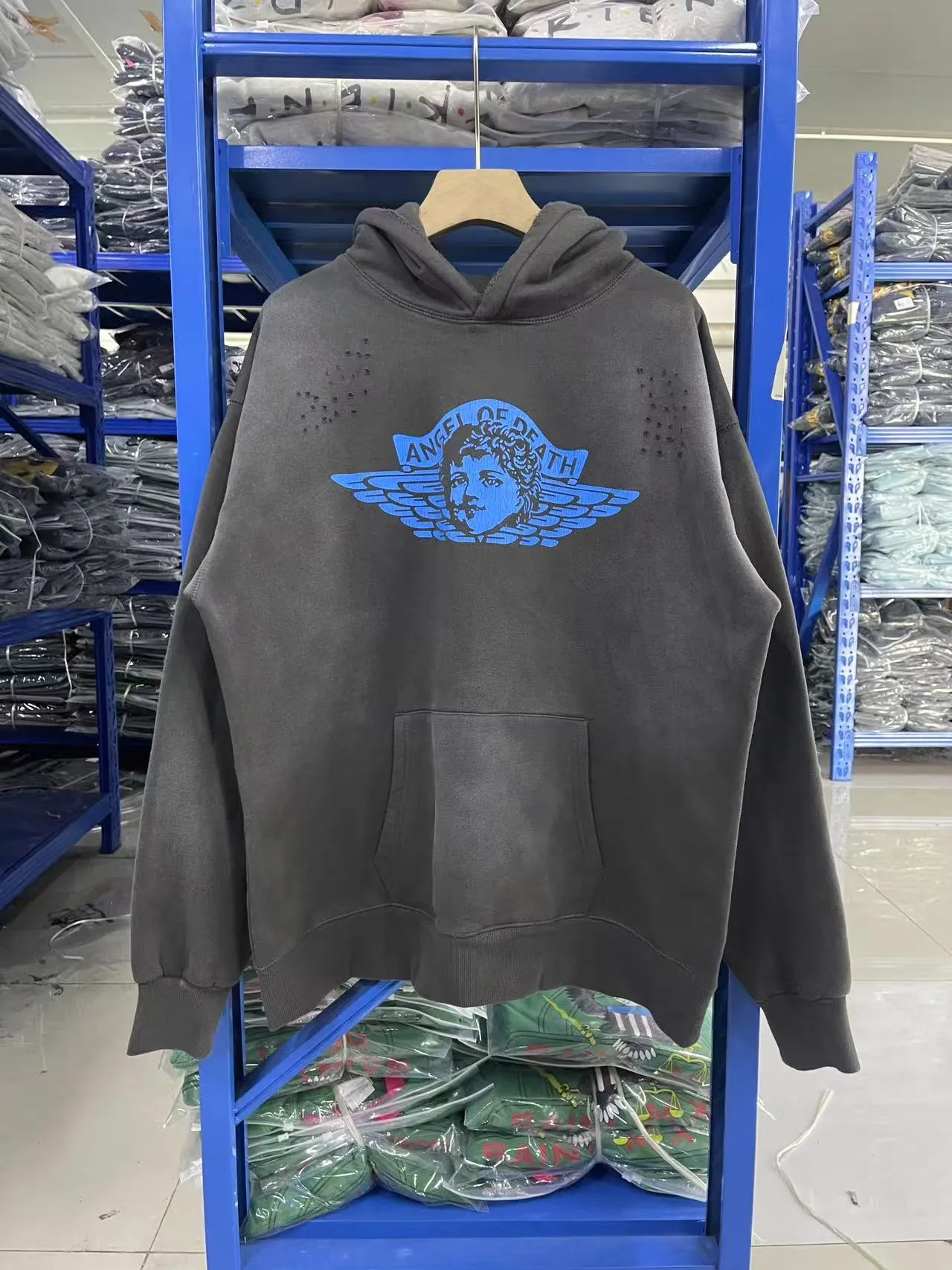 In stock ST1036 washed gray P280 Saint Michael 25SS old "angel" angel pullover washed hoodie size S-M-L-XL